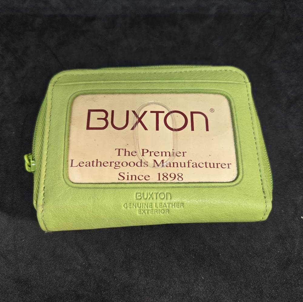 Buxton Green Zip Fan Card Case Genuine Leather Wallet